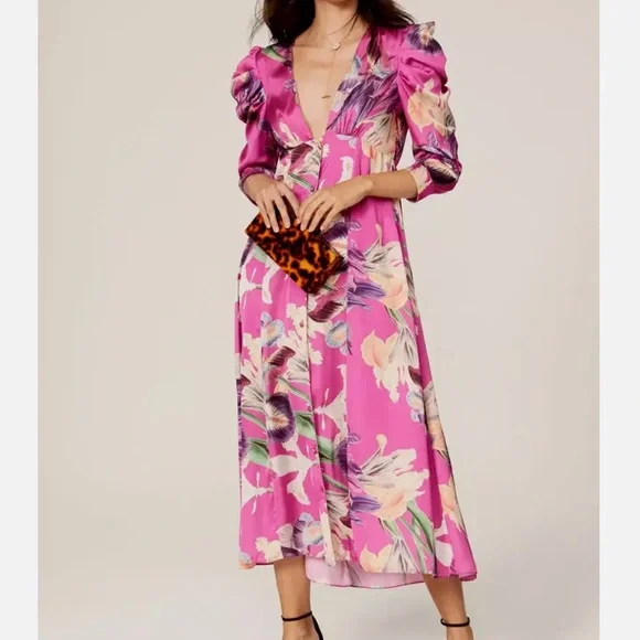 Patbo Grace Floral Puff Sleeve Midi Dress Size 0 - Picture 2 of 6